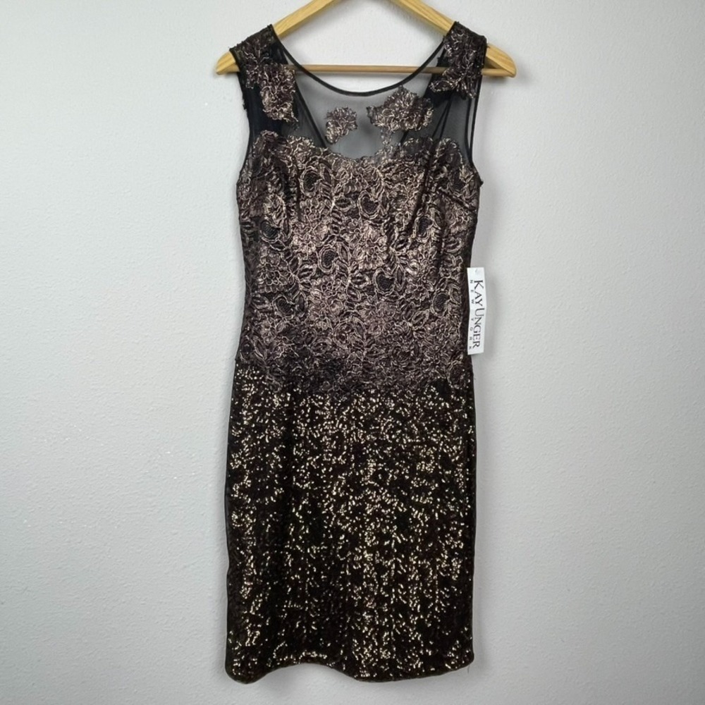 NWT Kay Unger New York Dress 4 Black Gold Sequin Lace Mini Cocktail Party